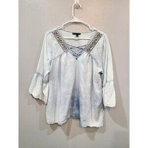 Signature Studio Blouse Women's L Light Chambray Blue Space Dye Boho 100% Tinsel